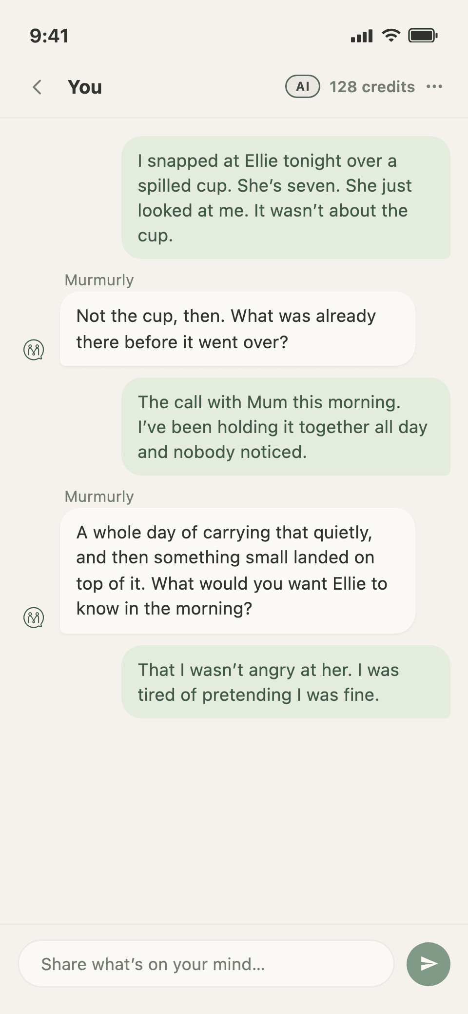 A phone showing a private Murmurly journal. The writer describes losing their temper with their child, and Murmurly replies with a gentle question that helps them uncover what was really weighing on them.